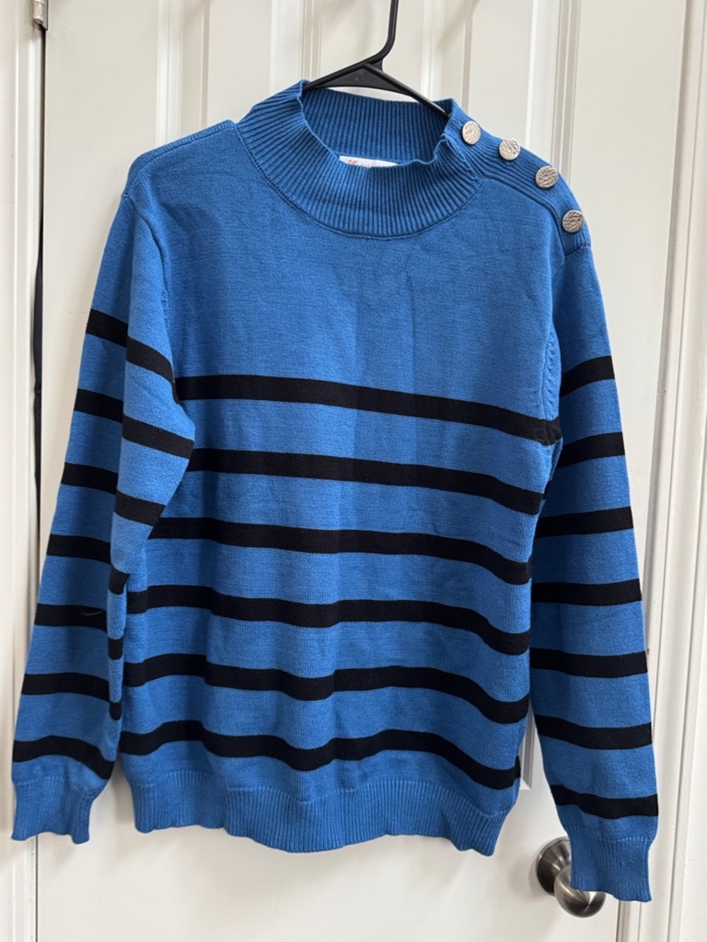 Blue Striped Crewneck Sweater with Shoulder Buttons